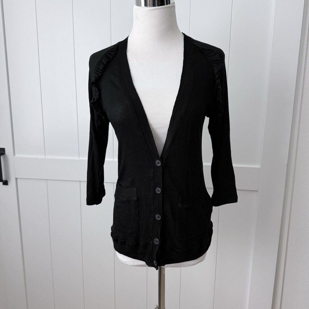 Archival Clu Distressed Ruffle Cardigan Black Tencel Knit XS Grunge Luxe